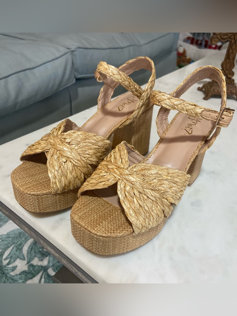 Straw Platform Wedge Sandals - Natural